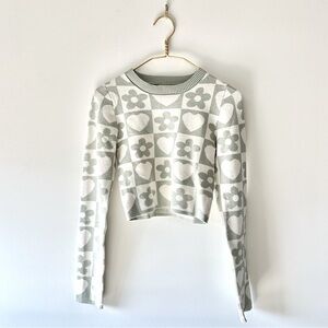 Floral Patterned Green-Gray Women's Long Sleeve Crop Top Light Sweater by Debut